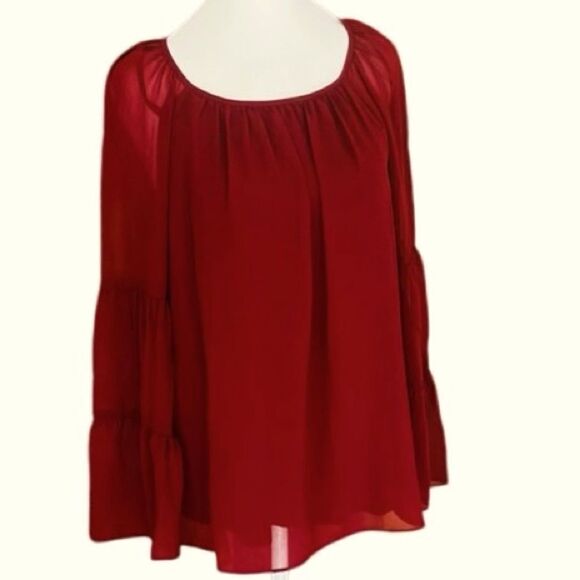 JM Collection burgundy blouse with ruffle bell sleeves size PM. - Picture 1 of 7